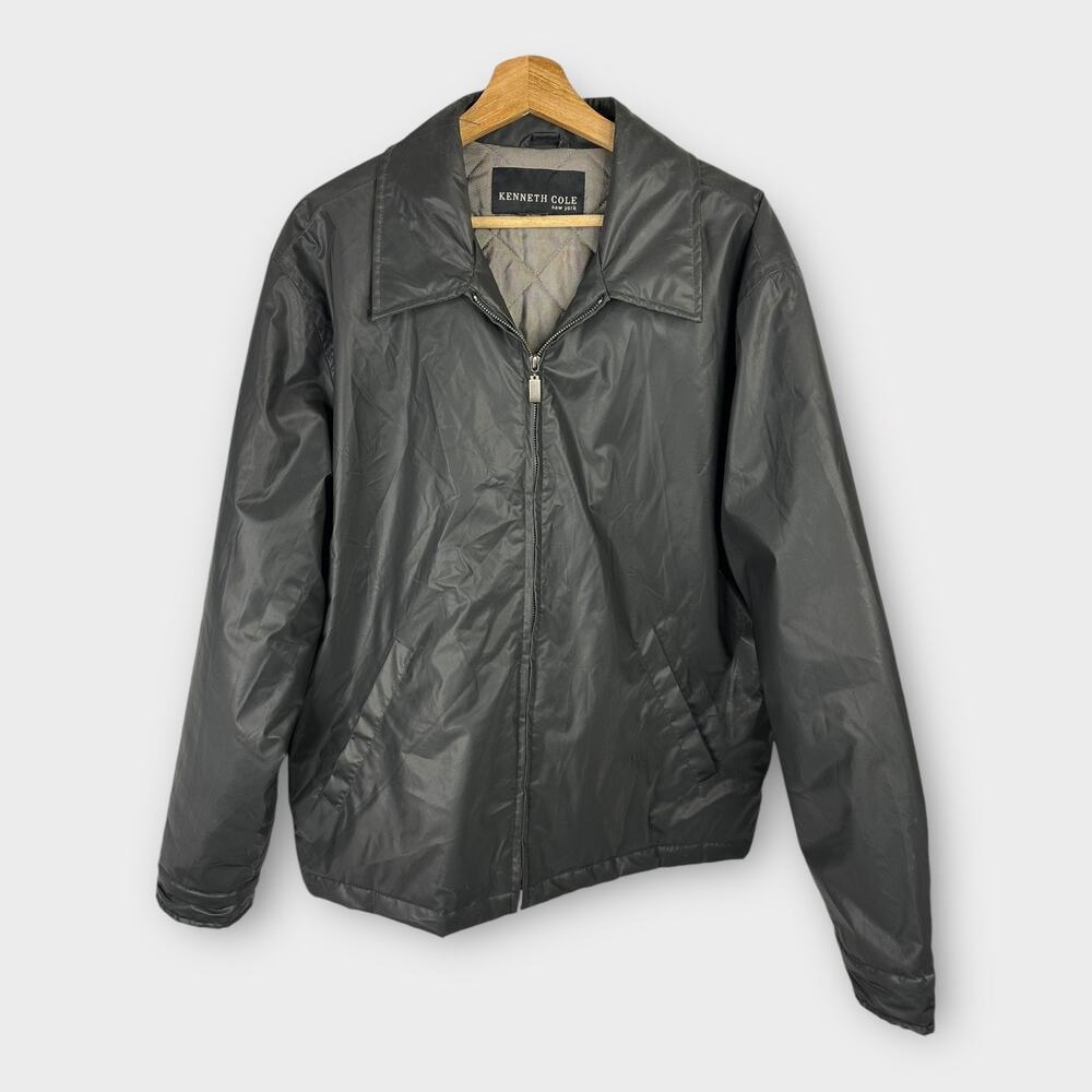 Kenneth Cole Mens size Large Coated Zip Up Bomber Jacket Black Quilted Inside